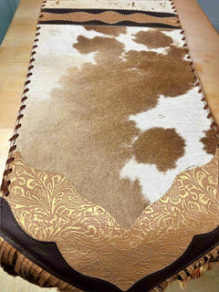 Tan and White Cowhide Table Runner with Fringe - Cowhide and Conchos