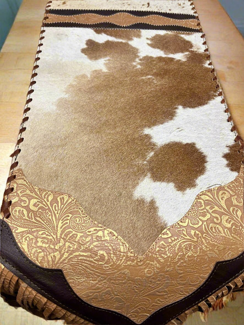 Tan and White Cowhide Table Runner with Fringe - Cowhide and Conchos