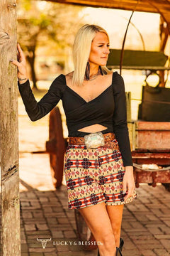Tan Aztec Printed Crease Detail Shorts - Cowhide and Conchos