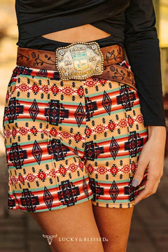 Tan Aztec Printed Crease Detail Shorts - Cowhide and Conchos