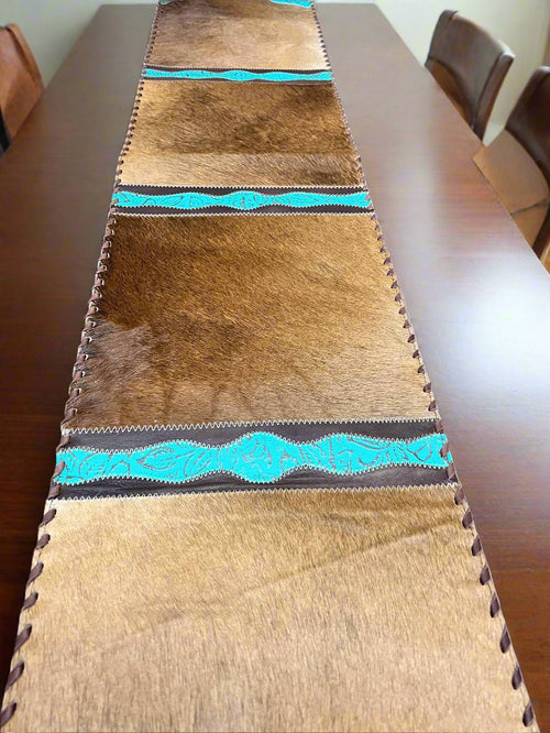 Tan Brindle Table Runner with Fringe - Cowhide and Conchos