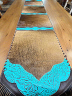 Tan Brindle Table Runner with Fringe - Cowhide and Conchos