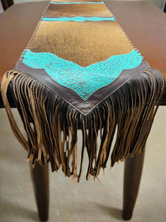 Tan Brindle Table Runner with Fringe - Cowhide and Conchos