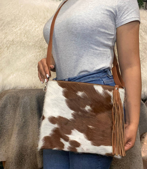 Tan Classic Cowhide Crossbody - Cowhide and Conchos