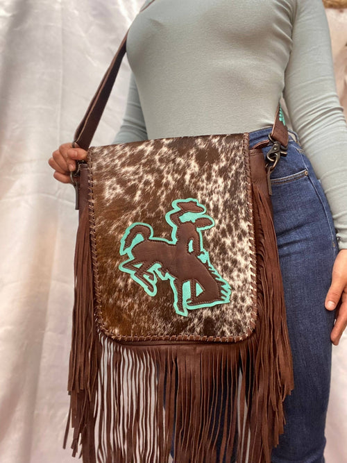 Teal Bucking Horse Cowhide & Fringe Crossbody  - Cowhide and Conchos