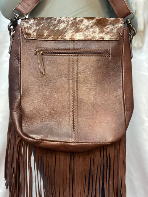 Teal Bucking Horse Cowhide & Fringe Crossbody  - Cowhide and Conchos