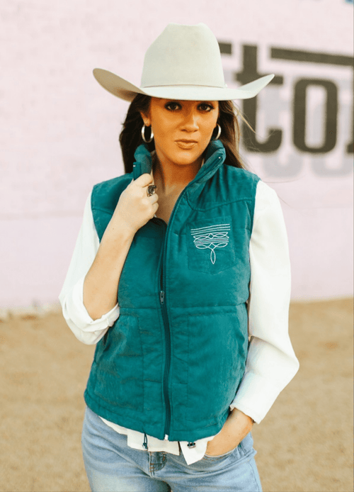 Teal Puffer W Aztec Lining Boot Stitch Detail Vest - Cowhide and Conchos