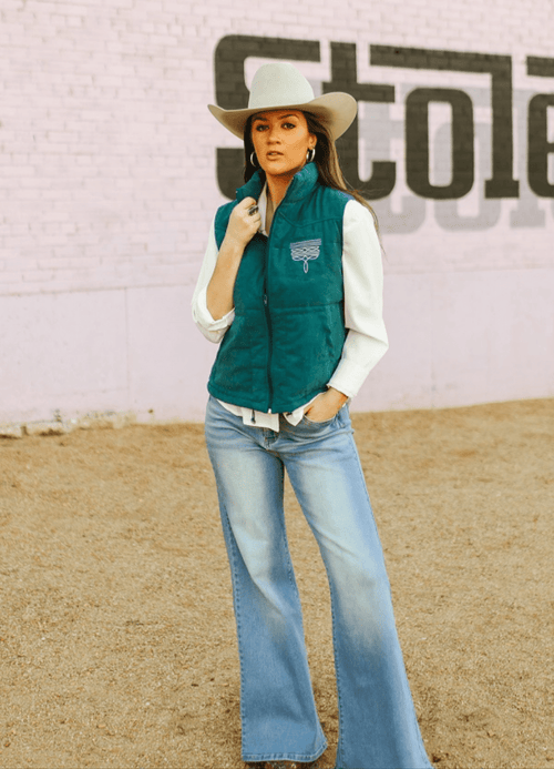 Teal Puffer W Aztec Lining Boot Stitch Detail Vest - Cowhide and Conchos