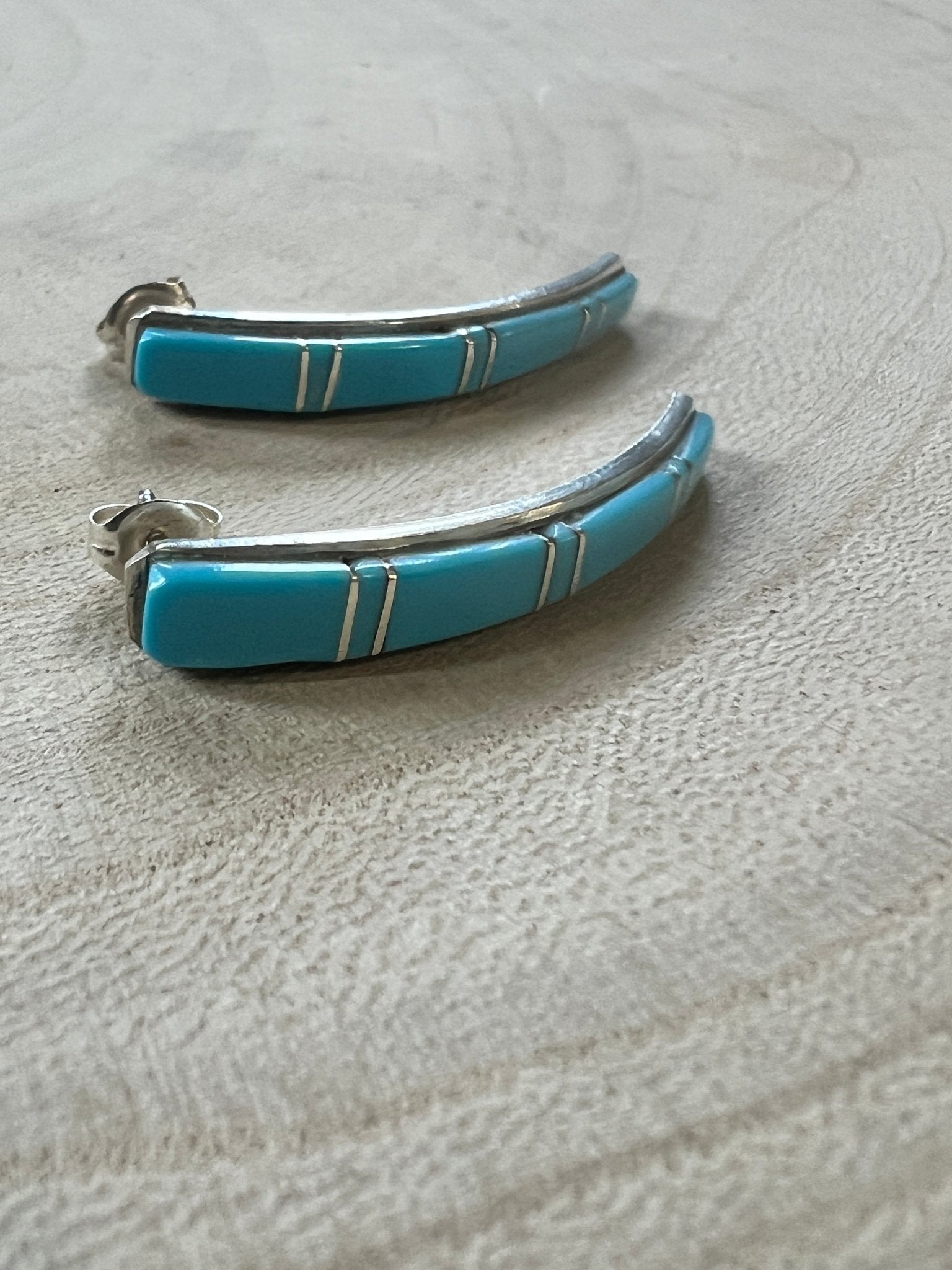 Terrance Panteah Zuni Sterling Silver Turquoise Tapered Earrings — 1 1/2" with 1/4" to 1/8" Taper (TP Hallmark) - Cowhide and Conchos