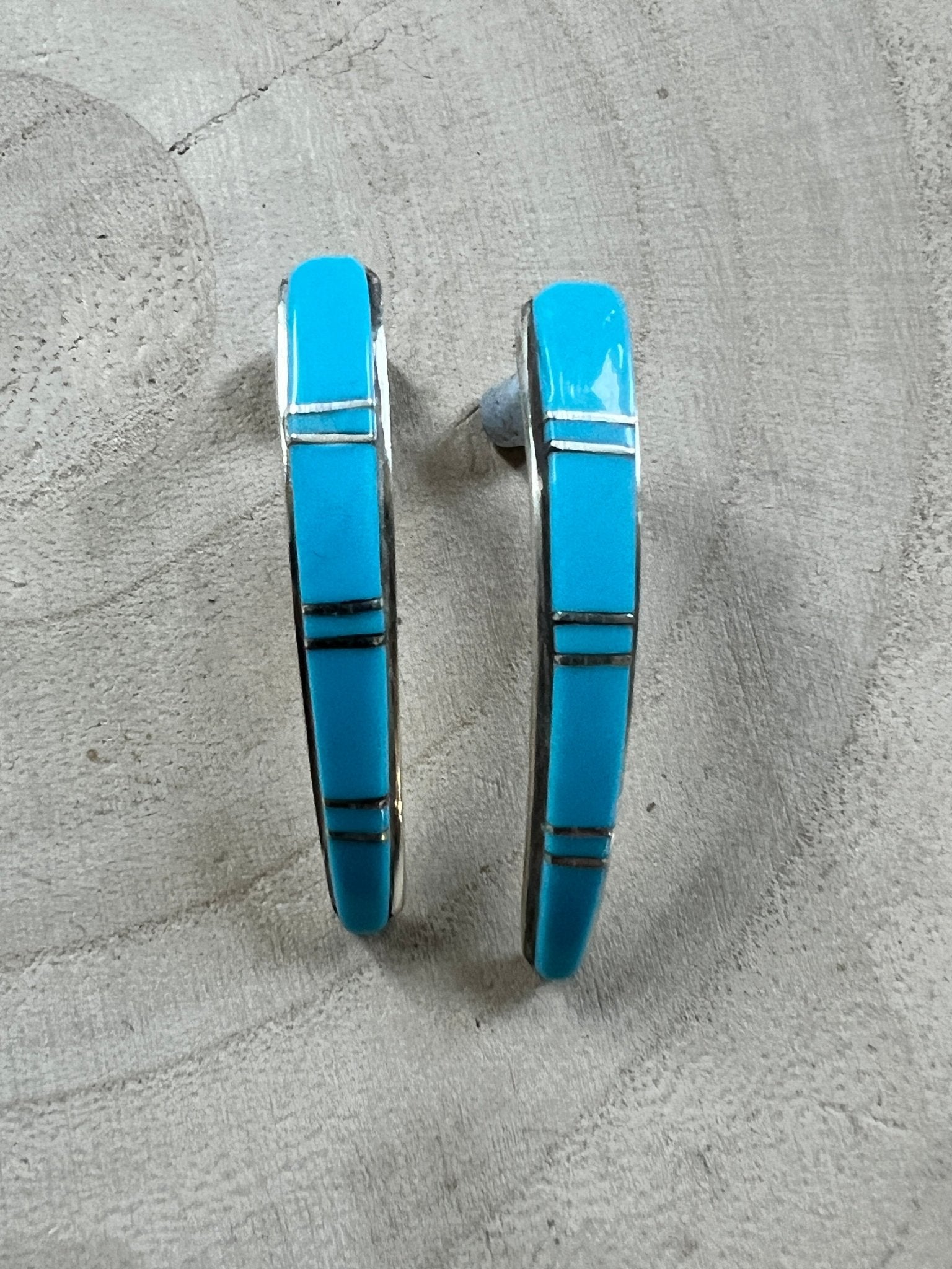 Terrance Panteah Zuni Sterling Silver Turquoise Tapered Earrings — 1 1/2" with 1/4" to 1/8" Taper (TP Hallmark) - Cowhide and Conchos