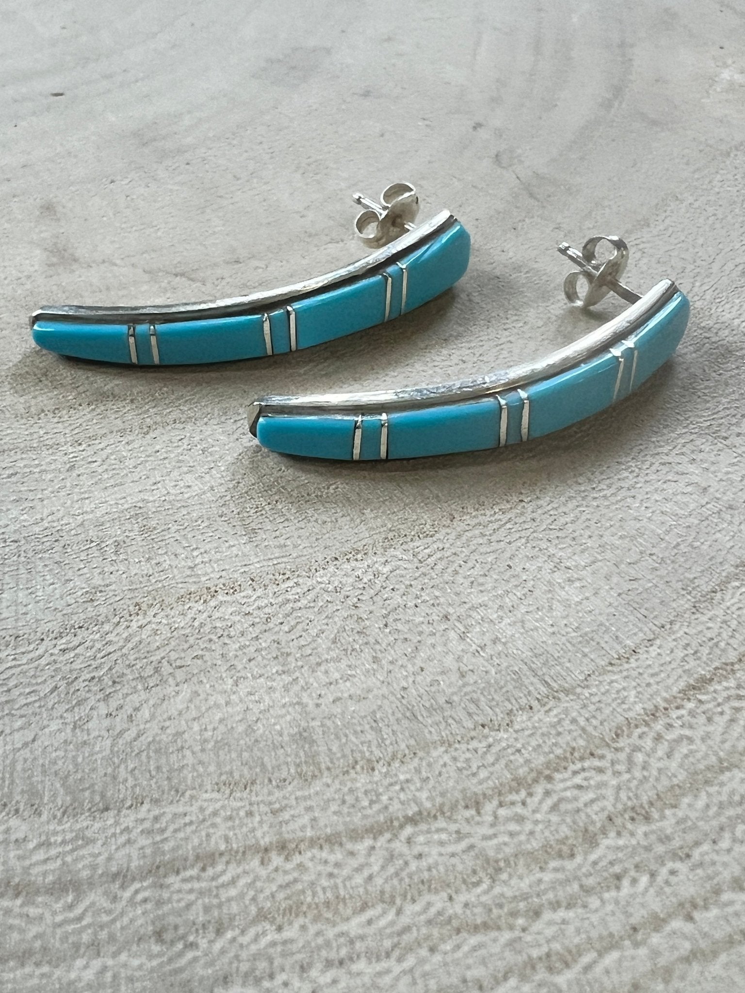 Terrance Panteah Zuni Sterling Silver Turquoise Tapered Earrings — 1 1/2" with 1/4" to 1/8" Taper (TP Hallmark) - Cowhide and Conchos