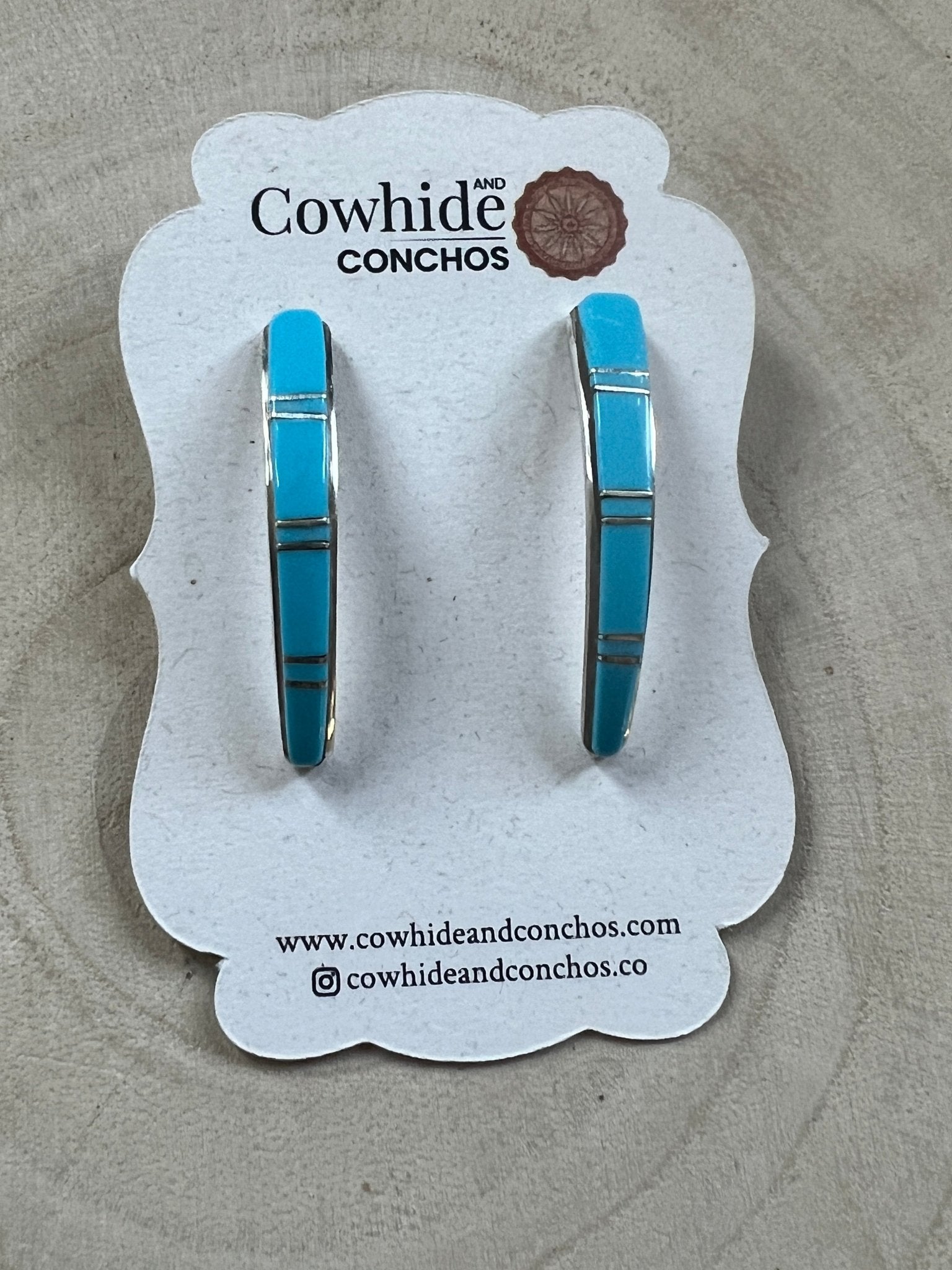 Terrance Panteah Zuni Sterling Silver Turquoise Tapered Earrings — 1 1/2" with 1/4" to 1/8" Taper (TP Hallmark) - Cowhide and Conchos