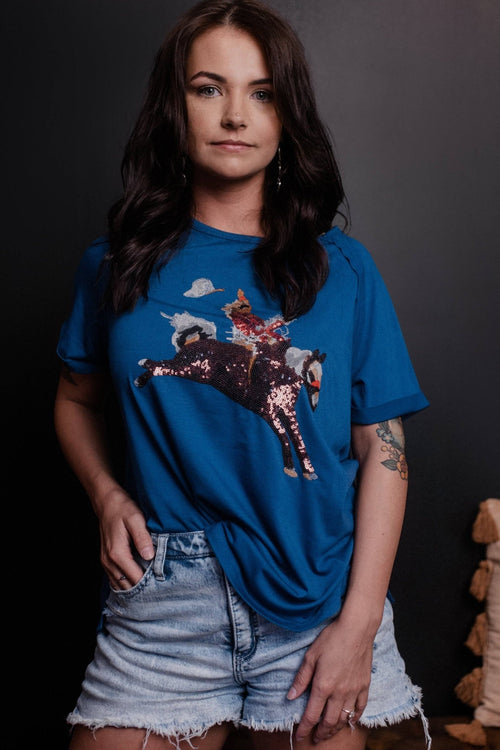 The Bronc Buster Sequin Tee - Cowhide and Conchos