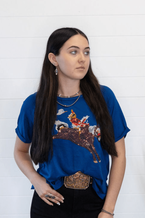The Bronc Buster Sequin Tee - Cowhide and Conchos