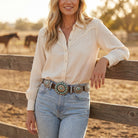 The Look — Concho Belt + Eight-Row Pearl Necklace Set - Cowhide and Conchos