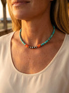 "The Vibrant" Choker — Spiny Oyster, Variscite Turquoise & Sterling Pearl — 14 inch (with 3 inch extender) - Cowhide and Conchos