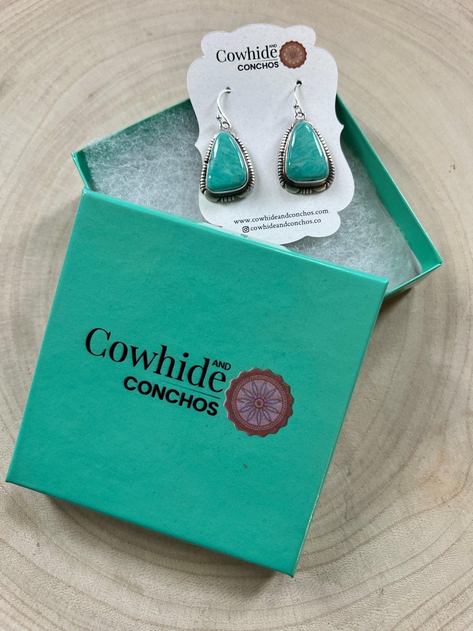 Thomas Francisco Navajo Sterling Silver Earrings with Tyrone Turquoise — 1 5/8" × 3/4" (Hallmarked) - Cowhide and Conchos