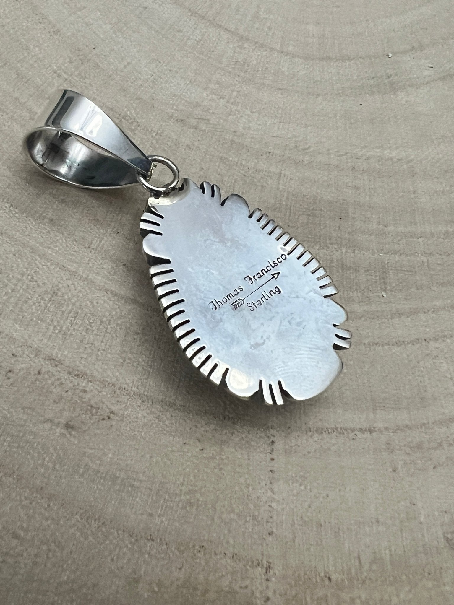 Thomas Francisco Navajo Sterling Silver Pendant with Kingman Turquoise — 2" × 7/8" (Hallmark) - Cowhide and Conchos