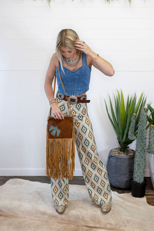 Thunderbird Cowhide Crossbody - Tooled Leather Cowhide Clutch - Cowhide and Conchos