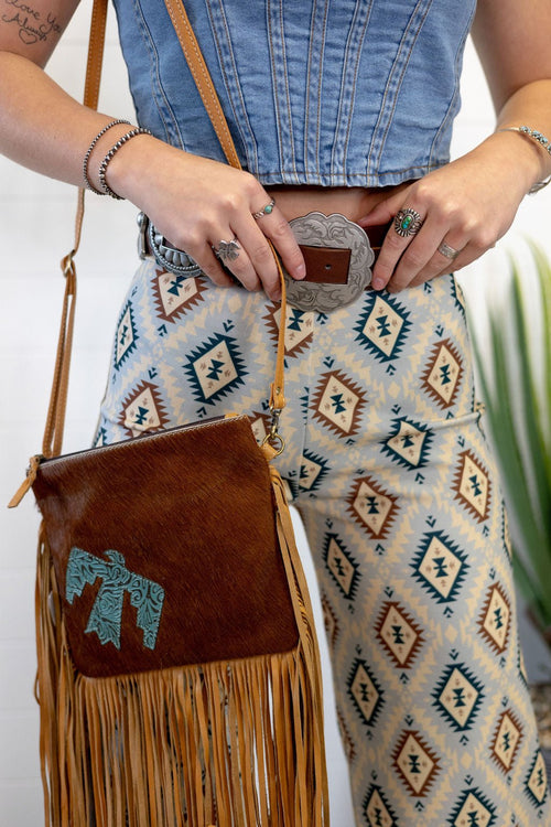 Thunderbird Cowhide Crossbody - Tooled Leather Cowhide Clutch - Cowhide and Conchos