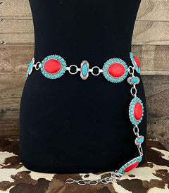 Tipi Coral and Turquoise Concho Belt - Small/Medium - Cowhide and Conchos