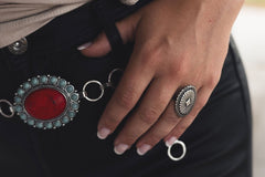 Tipi Coral and Turquoise Concho Belt - Small/Medium - Cowhide and Conchos
