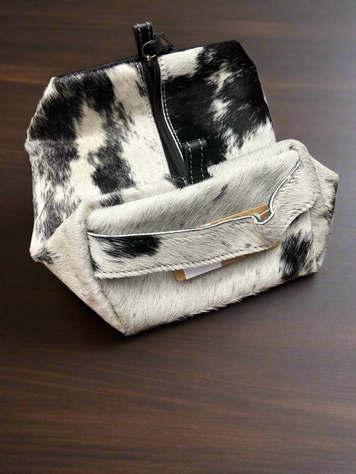 Toiletry Bag - Black and White - Cowhide and Conchos