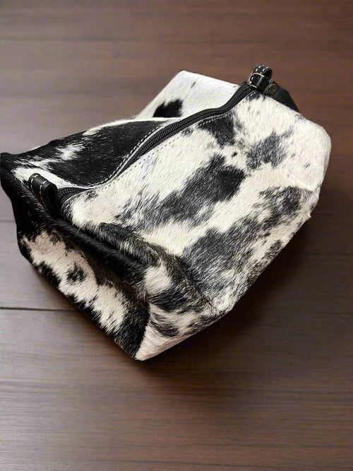 Toiletry Bag - Black and White - Cowhide and Conchos