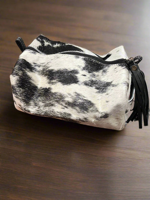 Toiletry Bag - Black and White - Cowhide and Conchos