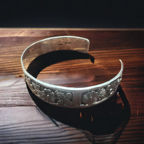 Tom Dinetso Sterling Silver Bracelet - 5 5/8 with 1" gap - Cowhide and Conchos