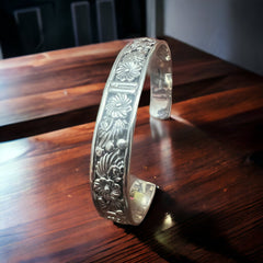 Tom Dinetso Sterling Silver Bracelet - 5 5/8 with 1" gap - Cowhide and Conchos