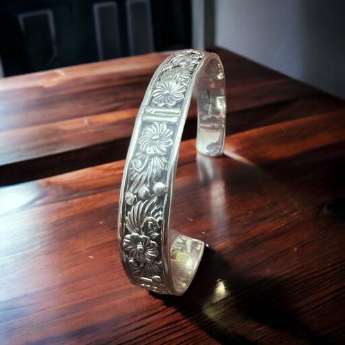 Tom Dinetso Sterling Silver Bracelet - 5 5/8 with 1" gap - Cowhide and Conchos