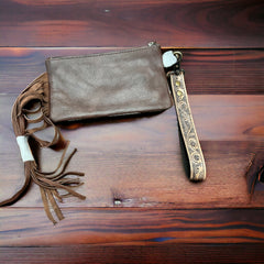 Tooled Cowhide Wristlet Pouch - Cowhide and Conchos