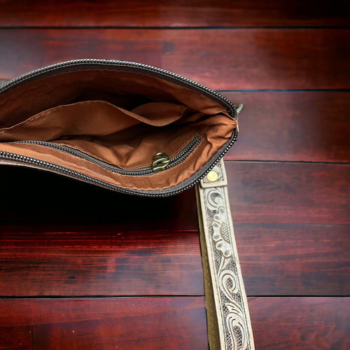 Tooled Cowhide Wristlet Pouch - Cowhide and Conchos