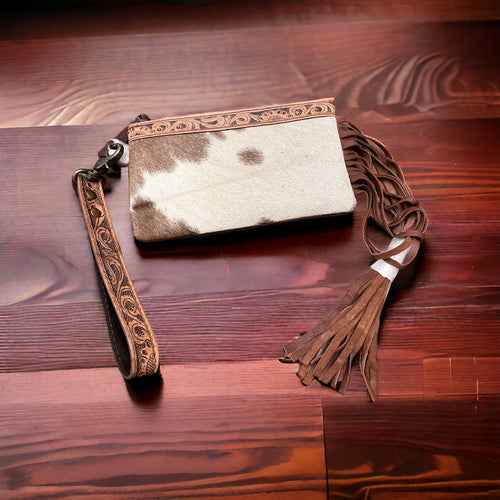 Tooled Cowhide Wristlet Pouch - Cowhide and Conchos