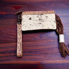 Tooled Cowhide Wristlet Pouch - Cowhide and Conchos