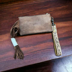 Tooled Cowhide Wristlet Pouch - Cowhide and Conchos
