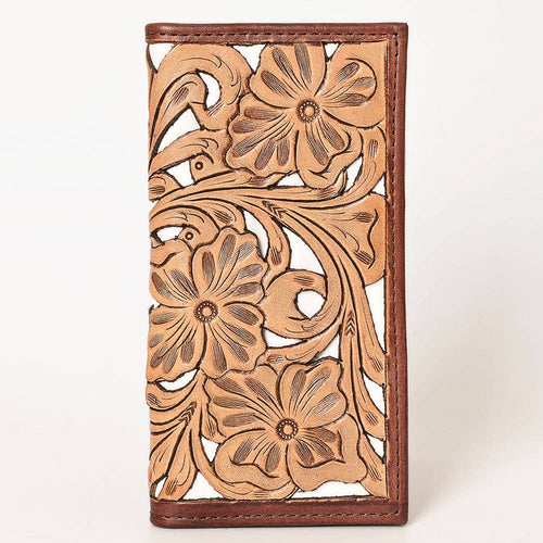 Tooled Genuine Leather Western Checkbook Cover or Wallet - Cowhide and Conchos
