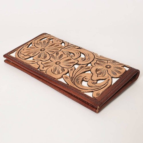 Tooled Genuine Leather Western Checkbook Cover or Wallet - Cowhide and Conchos