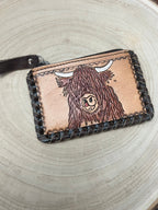 Tooled Leather & Cowhide Coin and card Purse - Highland Cow - Cowhide and Conchos