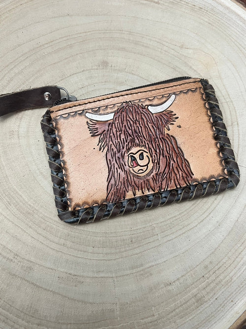 Tooled Leather & Cowhide Coin and card Purse - Highland Cow - Cowhide and Conchos