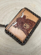 Tooled Leather & Cowhide Coin and card Purse - Highland Cow - Cowhide and Conchos