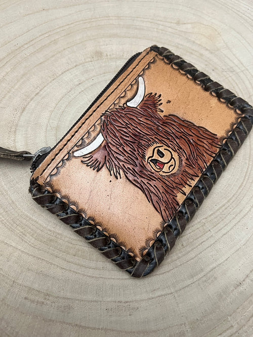 Tooled Leather & Cowhide Coin and card Purse - Highland Cow - Cowhide and Conchos