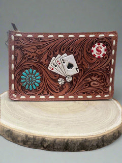 Tooled Leather Crossbody - Cards, Dice and Turquoise - Cowhide and Conchos