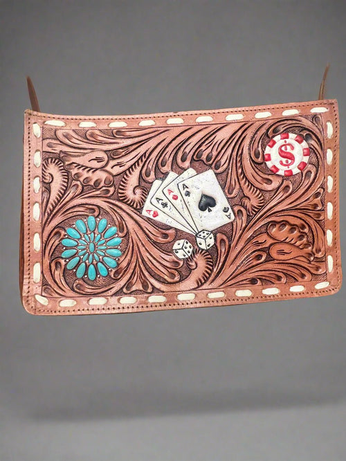 Tooled Leather Crossbody - Cards, Dice and Turquoise - Cowhide and Conchos