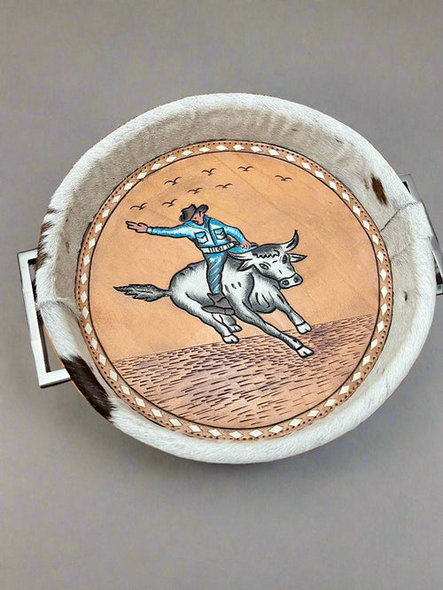 Tooled Leather & Painted Tray - Bull Rider - Cowhide and Conchos