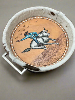 Tooled Leather & Painted Tray - Bull Rider - Cowhide and Conchos