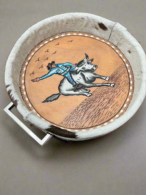 Tooled Leather & Painted Tray - Bull Rider - Cowhide and Conchos