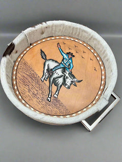 Tooled Leather & Painted Tray - Bull Rider - Cowhide and Conchos