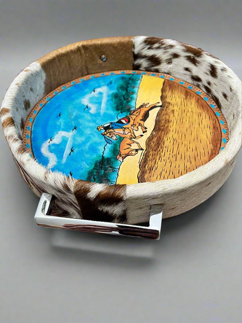 Tooled Leather & Painted Tray - Roper - Cowhide and Conchos
